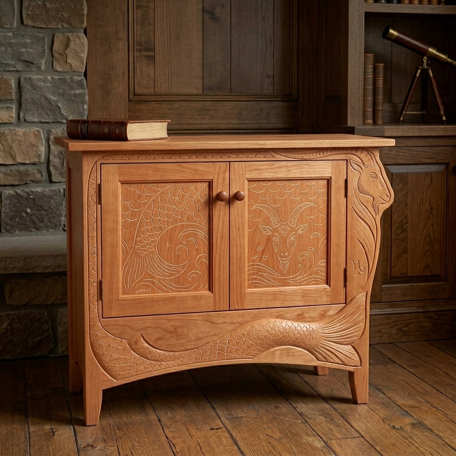 Wooden Capricorn Constellation Media Cabinet Zodiac Silhouette Large Storage Sideboard